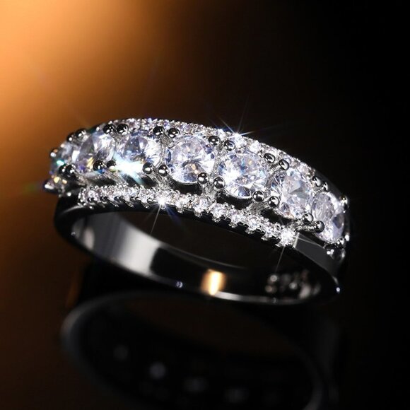 Eternity Anillos Shiny Round CZ Trendy 925 Silver Plated Fashion Ring, U… - Picture 1 of 7